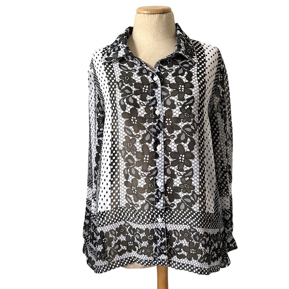 La Cera Women's M Floral Polka Dot Button-Down Shirt Blouse Casual Top